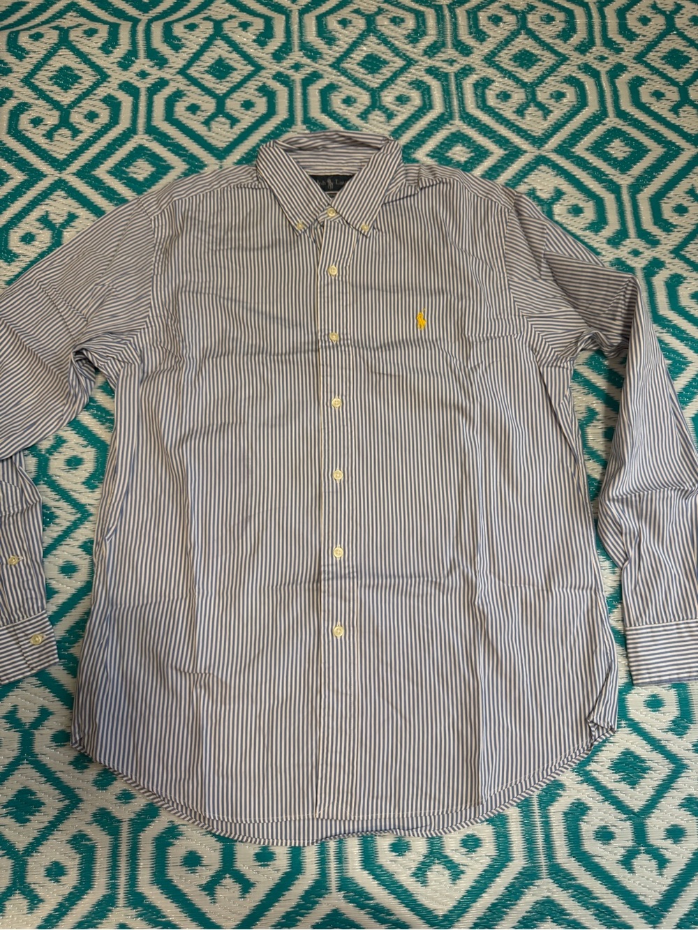 Ralph Lauren Men’s Custom Fit Blue White Striped Button Down Shirt L Yellow Pony